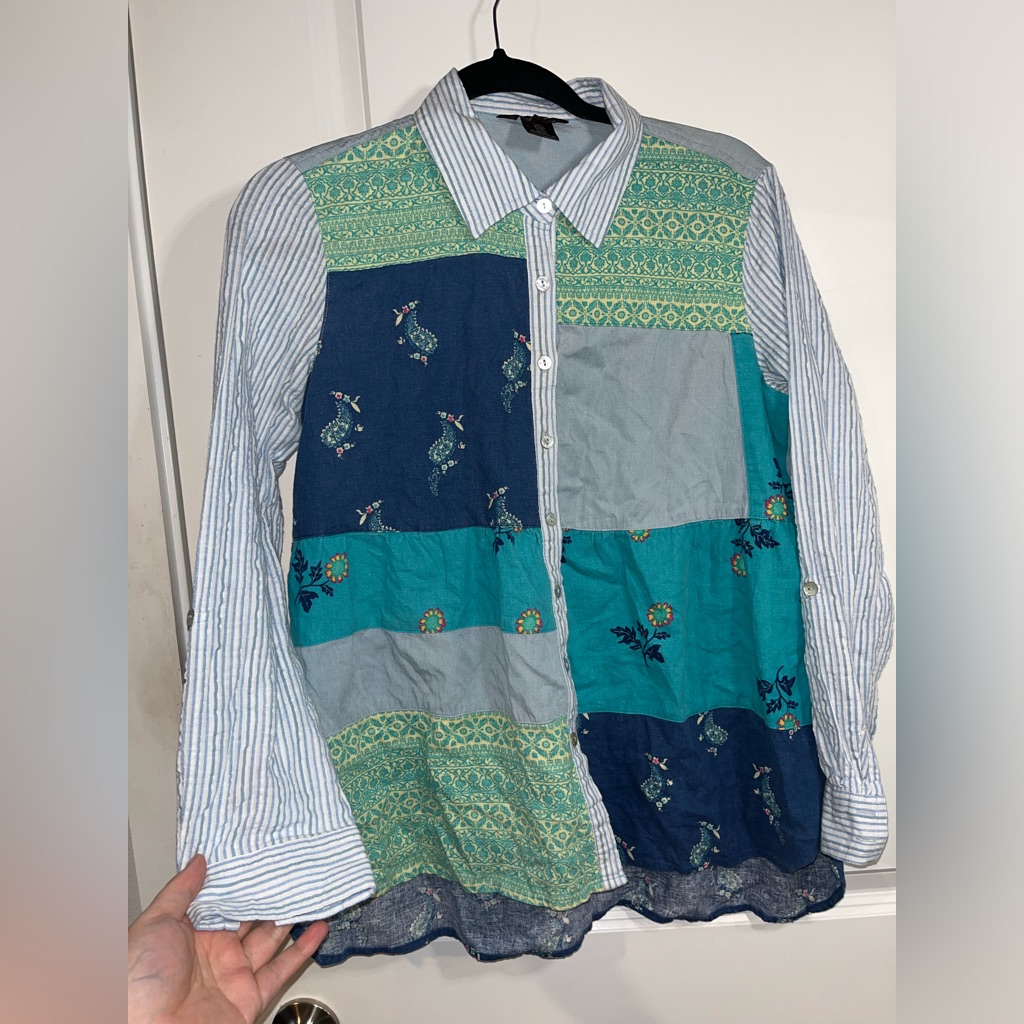 Multiples Women’s Vintage Top Colorblock Patchwork Shell Buttons Shirt Sz Small
